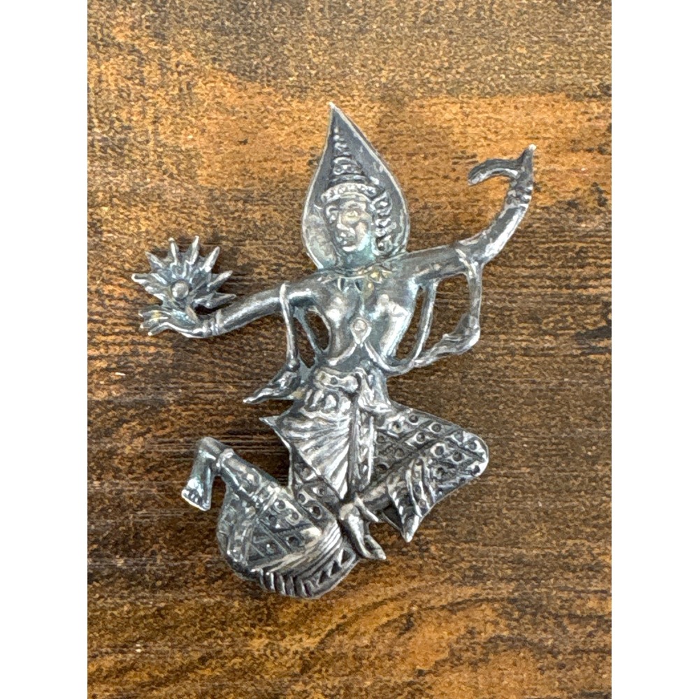 Vintage Siam Sterling Silver Thai Dancer Brooch Pin Mid Century Thailand Jewelry